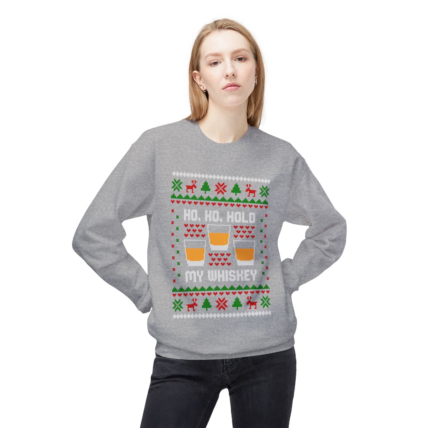 Ho Ho Hold My Whiskey Sweatshirt | Funny Christmas Whiskey Ugly Sweater Design