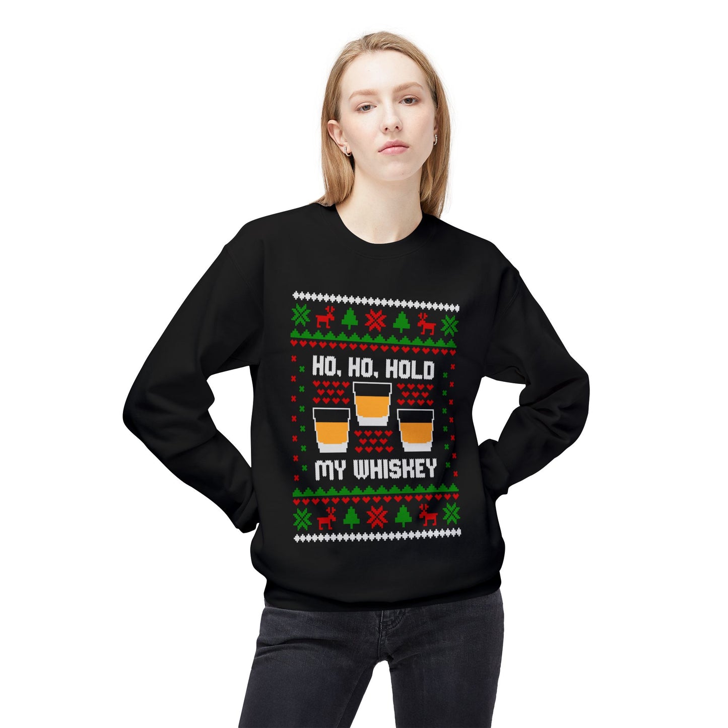 Ho Ho Hold My Whiskey Sweatshirt | Funny Christmas Whiskey Ugly Sweater Design