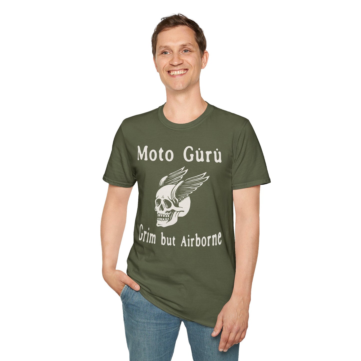Grim But Airborne Skull Punk Vintage Design Motorcycle T-Shirt