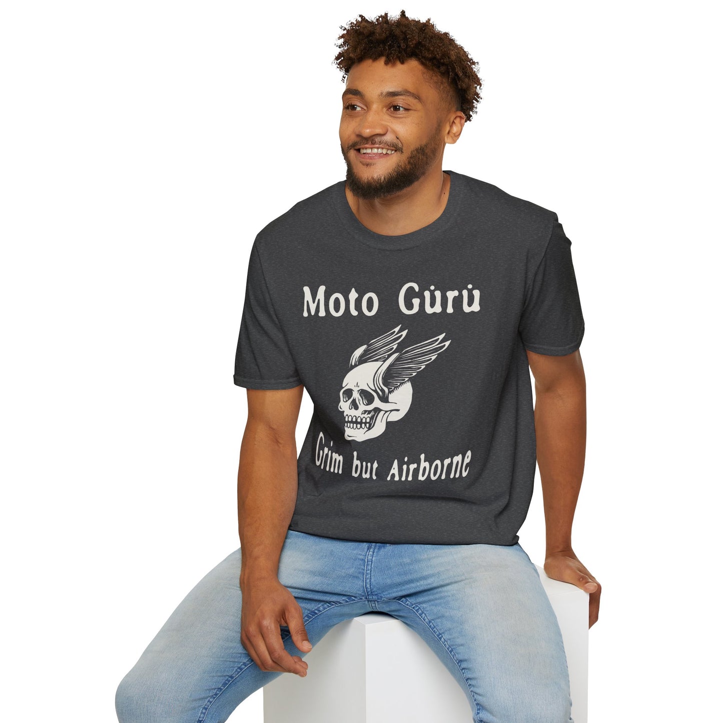 Grim But Airborne Skull Punk Vintage Design Motorcycle T-Shirt