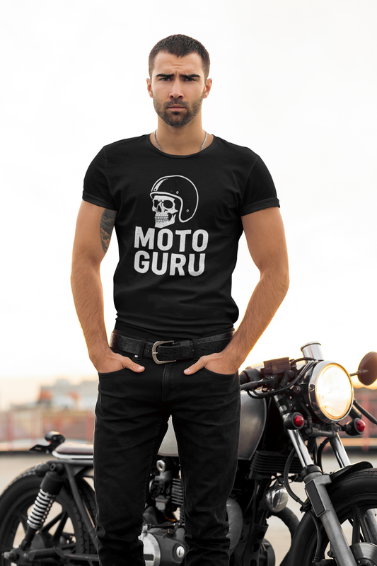 Moto Guru Skull Graphic Vintage Design Motorcycle T-Shirt