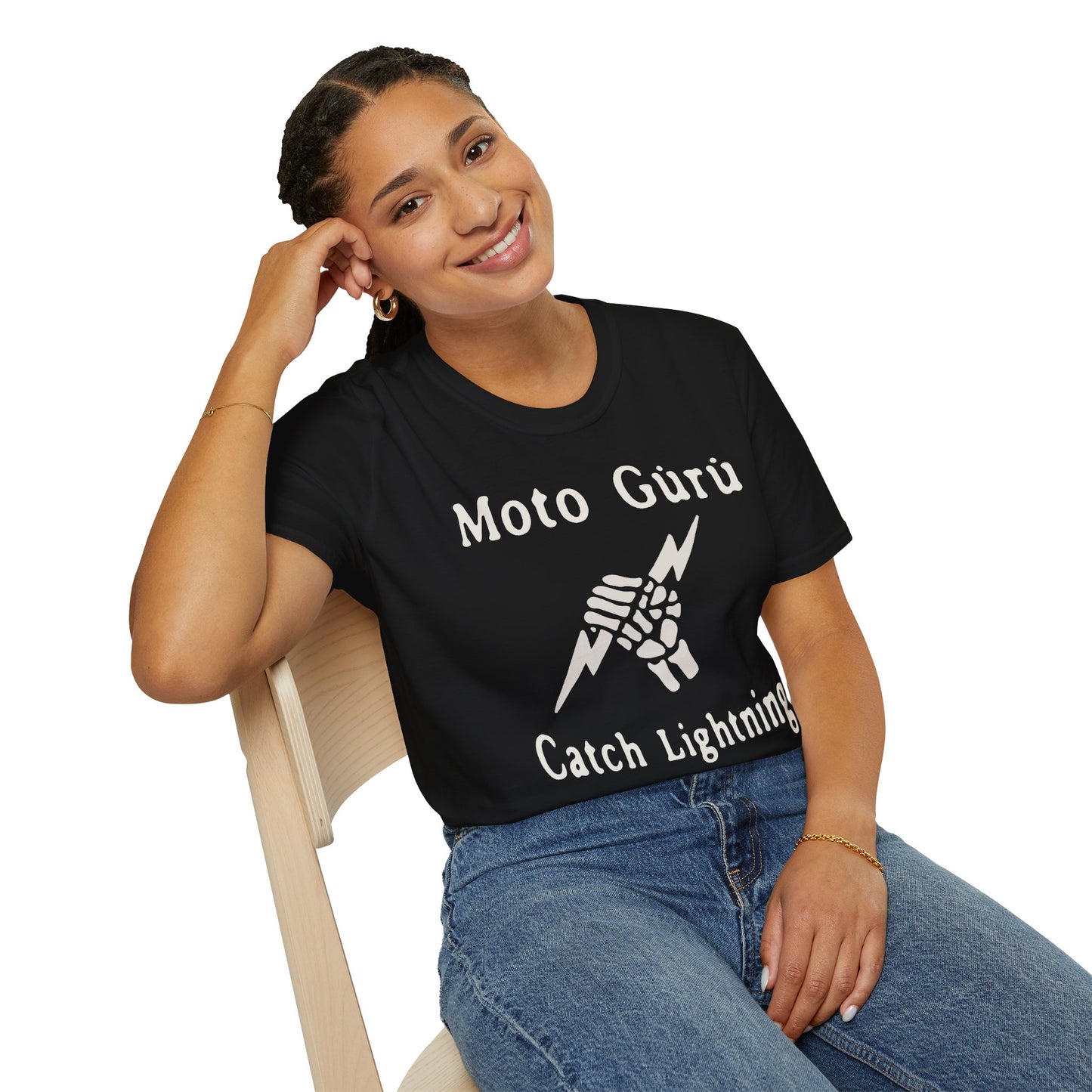 Moto Guru Catch Lightning Unisex Softstyle T-Shirt, Cool Graphic Tee, Motorcycle Apparel, Gift for Bikers, Casual Streetwear