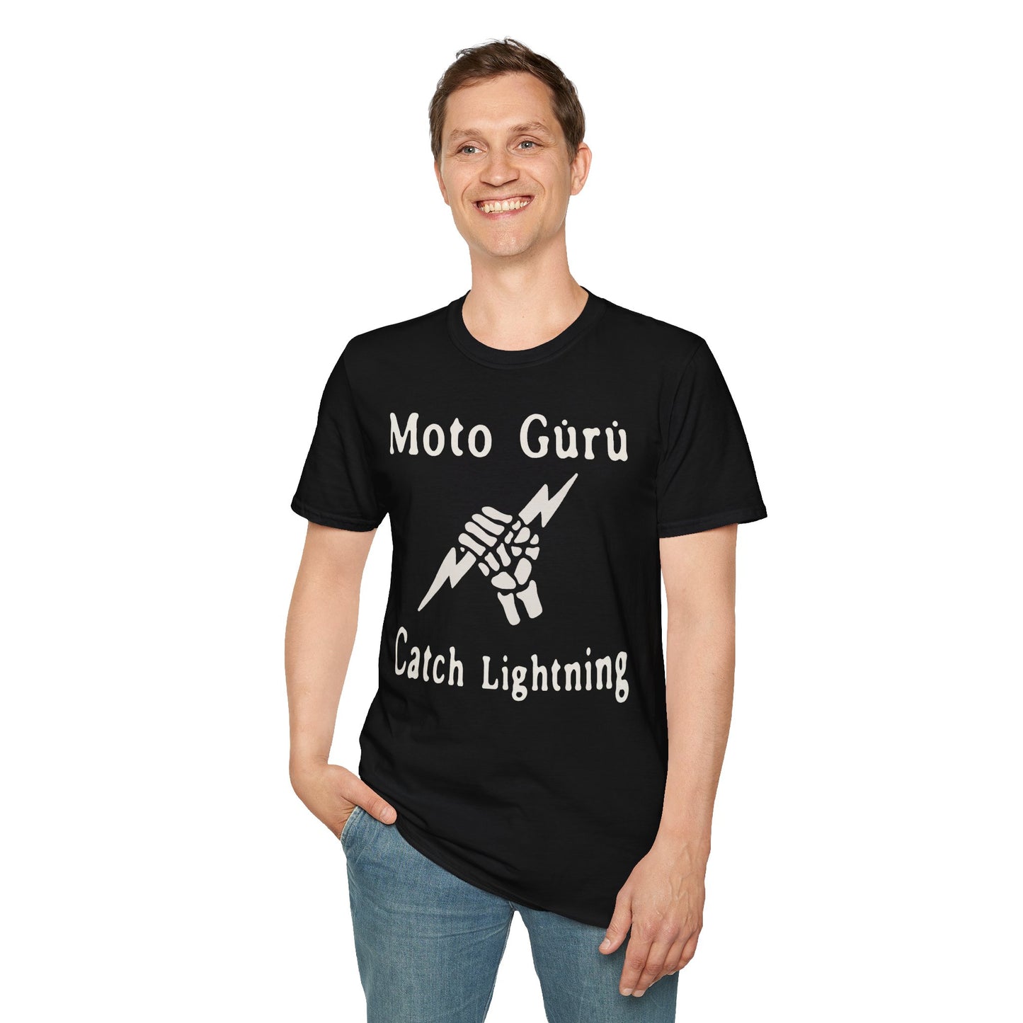 Moto Guru Catch Lightning Unisex Softstyle T-Shirt, Cool Graphic Tee, Motorcycle Apparel, Gift for Bikers, Casual Streetwear