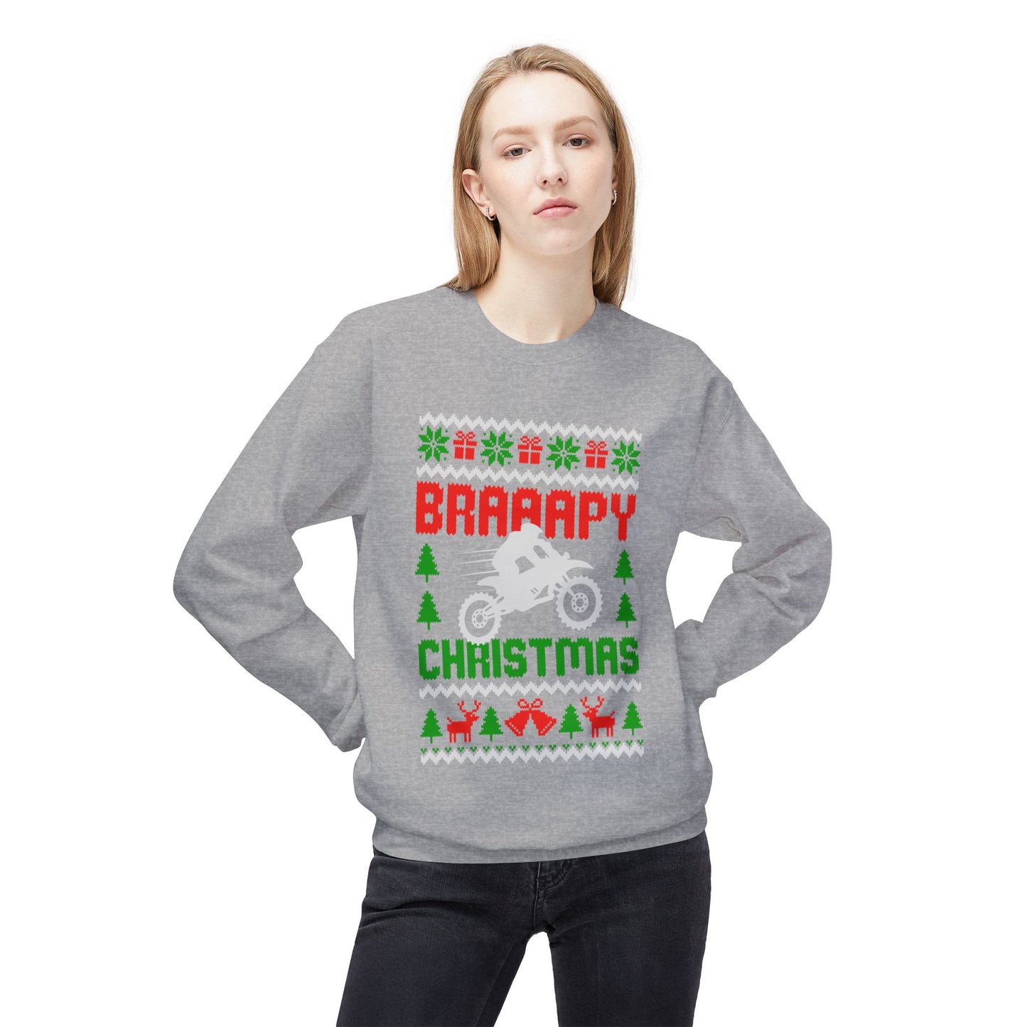 Braaapy Christmas Crewneck Sweatshirt | Dirt Bike Holiday Sweater Design