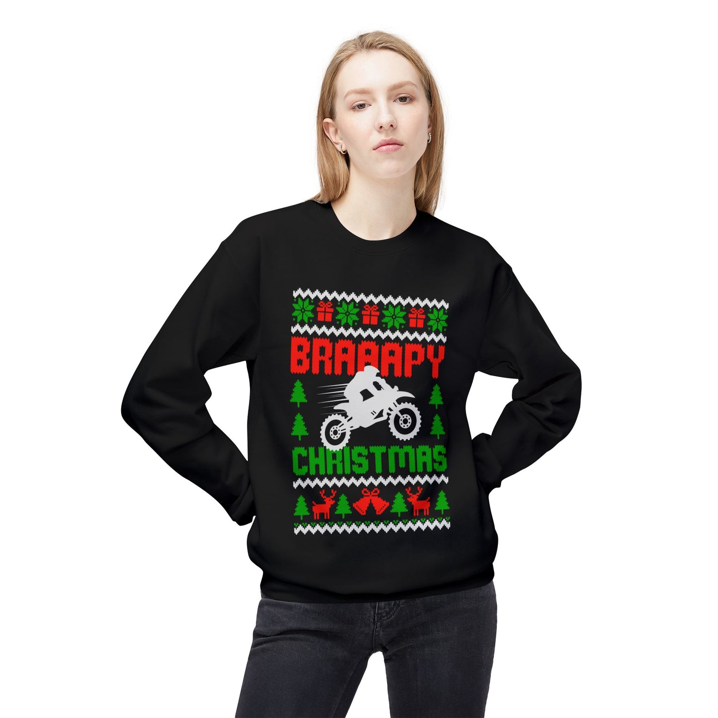 Braaapy Christmas Crewneck Sweatshirt | Dirt Bike Holiday Sweater Design
