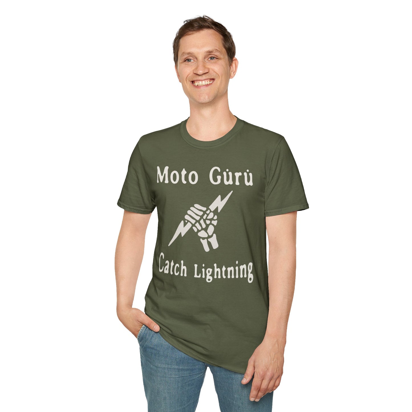 Moto Guru Catch Lightning Unisex Softstyle T-Shirt, Cool Graphic Tee, Motorcycle Apparel, Gift for Bikers, Casual Streetwear