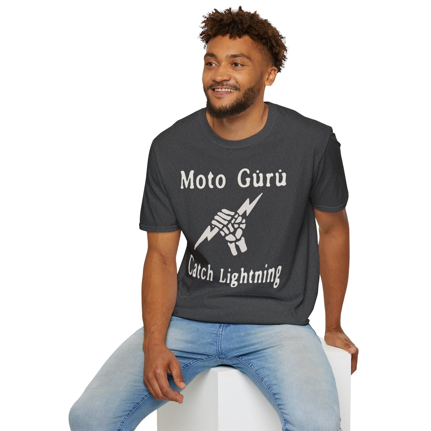 Moto Guru Catch Lightning Unisex Softstyle T-Shirt, Cool Graphic Tee, Motorcycle Apparel, Gift for Bikers, Casual Streetwear