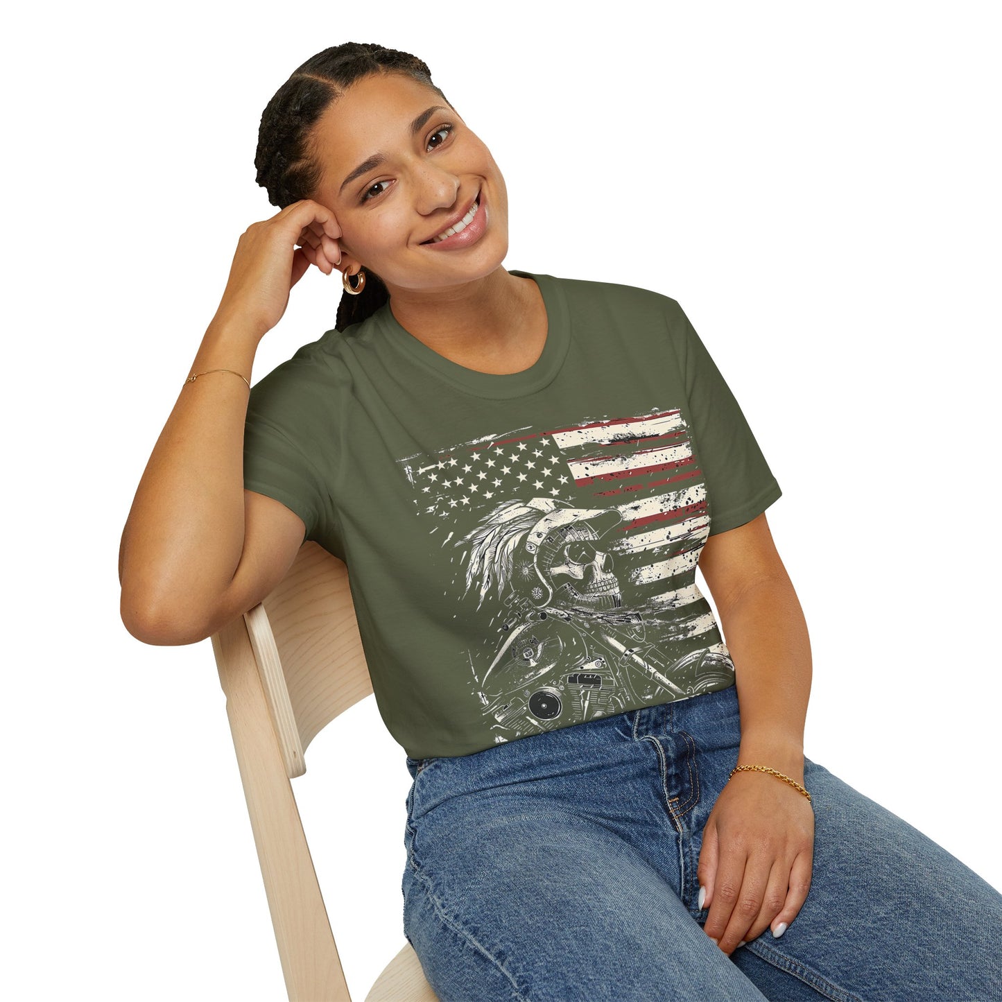 Patriotic Skull Vintage Design Motorcycle T Shirt